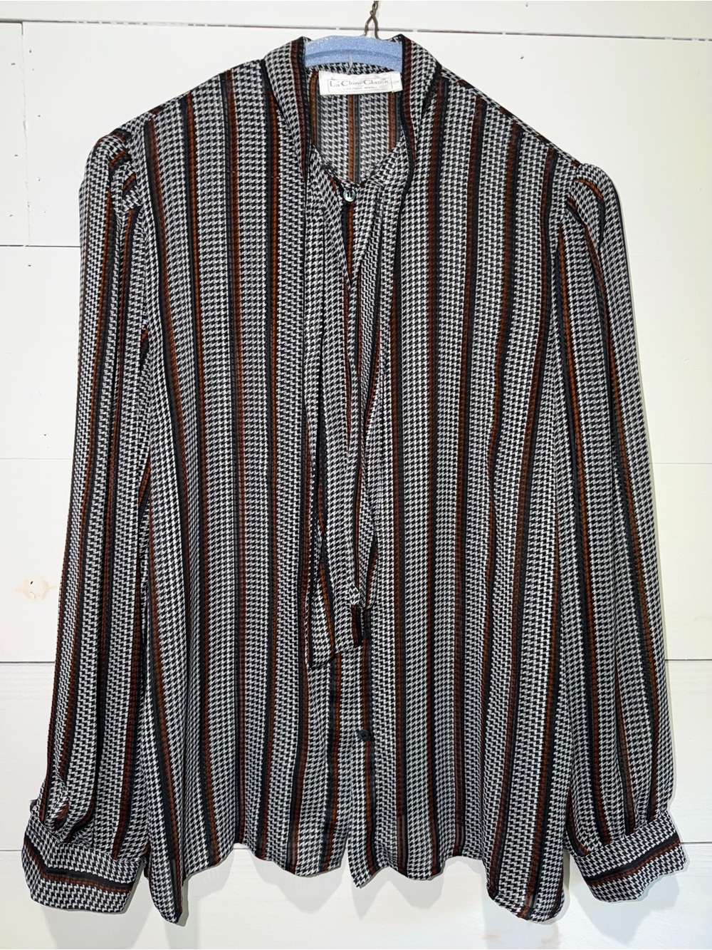Vintage Houndstooth Stripe Blouse Tie Neck